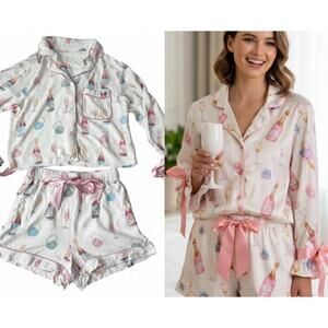 Women's Pink Champagne Print Satin Pajama Set with Ribbon Tie